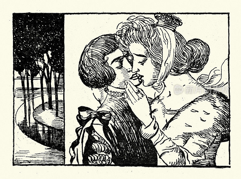 年轻情侣接吻，王子和公主相爱，浪漫，德语，Die sch?ne Marizza，新艺术运动